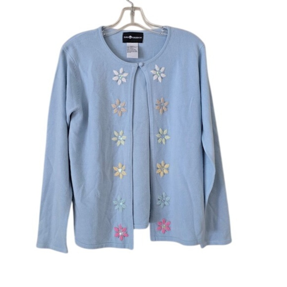 Sag Harbor Womens Blue Floral Embroidered Top Cardigan Size Small cottagecore